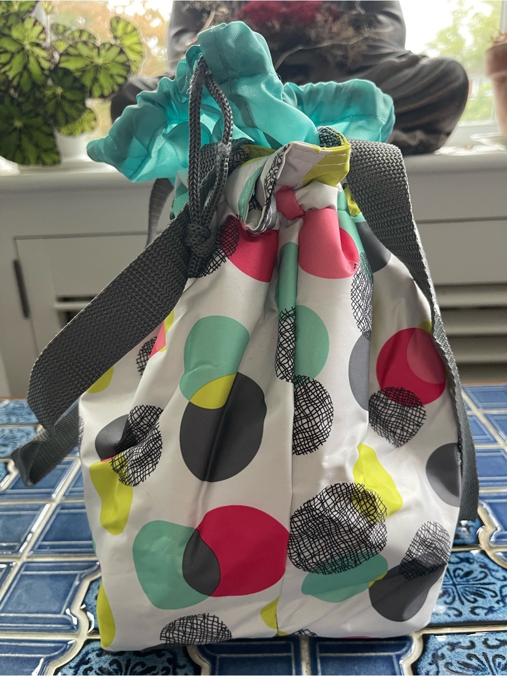 Thirty-One Aqua Multi-Color Drawstring Lunch Tote - Picture 3 of 11